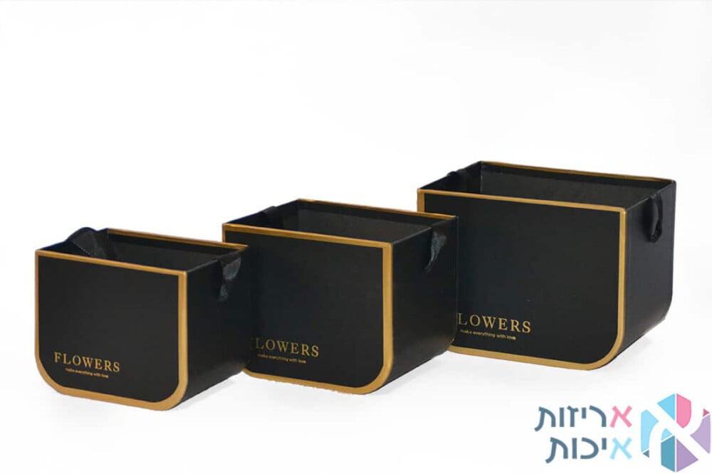 קופסאות לפרחים - סט שלישיית קופסאות עם ידית סאטן בצבע שחור