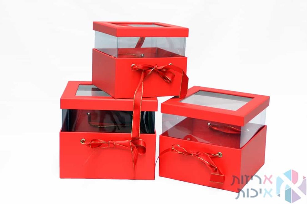 קופסאות לפרחים - סט שלישייה ריבוע עם חלון בצבע אדום