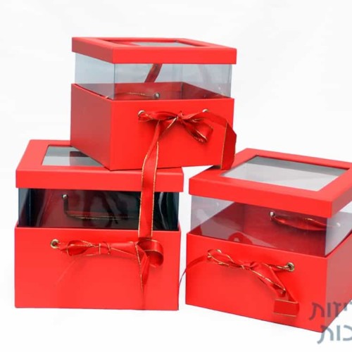 קופסאות לפרחים - סט שלישייה ריבוע עם חלון בצבע אדום