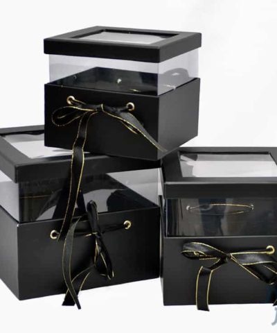 קופסאות לפרחים - סט שלישייה ריבוע עם חלון בצבע שחור (2)